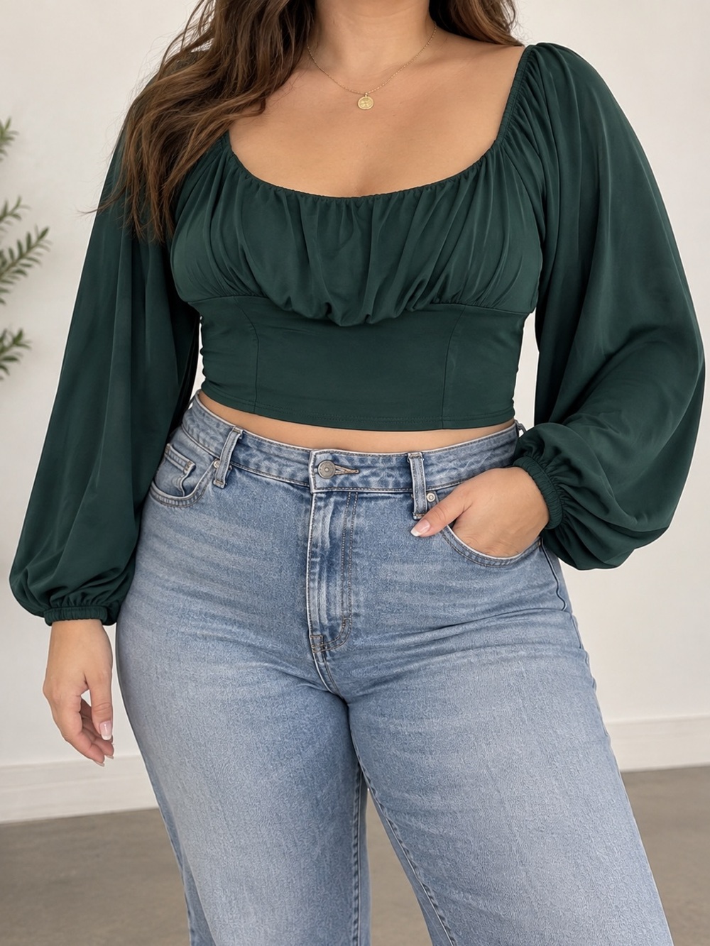 Live in the Moment Green Crop Top L Balloon Sleeve Ruched Bust Y2K